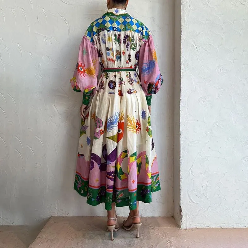 Uveng Uveng Women's Wear 2024 New Casual Personality Print V-Tie With Waist Long Sleeve Winter Dress Women