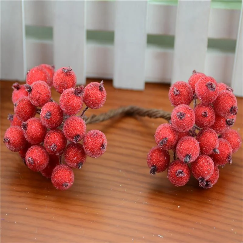 20pcs Mini Double Heads Artificial Glass Berries Pomegranate Red Cherry Bouquet Stamen Christmas Decorative DIY Craft Fake Fruit