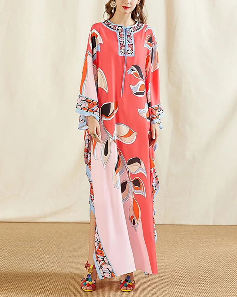V Neck Batwing Sleeve Printed Side Split Knitting elastic Long Dress