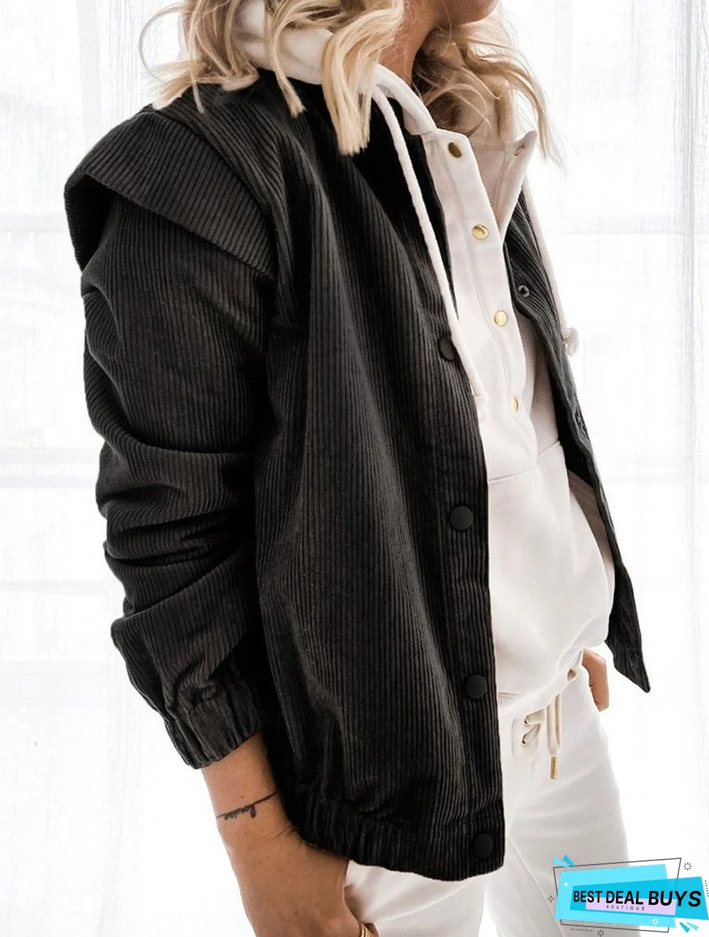 Casual Solid Color Corduroy Loose Long-Sleeved Stand-Up Collar Coat