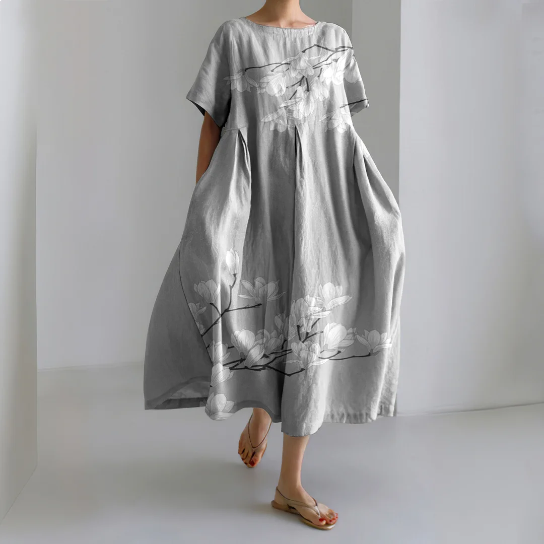 Magnolia Flower Japanese Linen Blend Maxi Dress