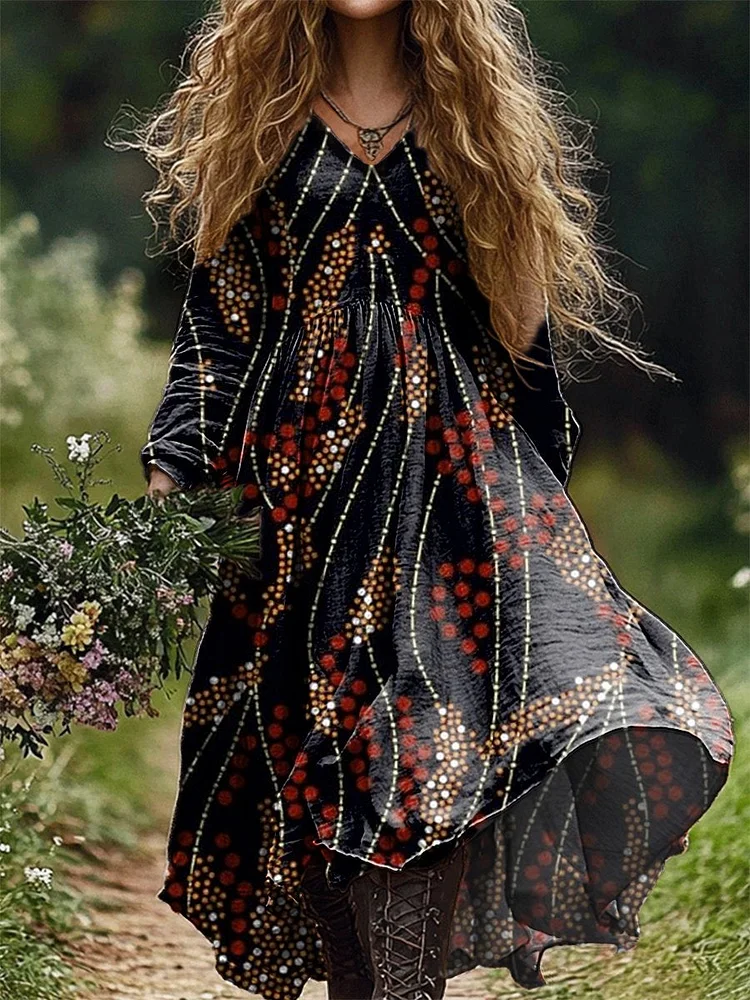Women's Bohemian Flowers Pattern Print V Neck Pocket Cotton Dress