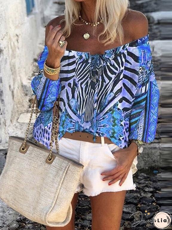 New Printed Lace-up Long-sleeved Chiffon Shirt