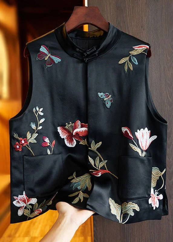 Chinese Style Black Butterfly Embroideried Patchwork Silk Vest Sleeveless