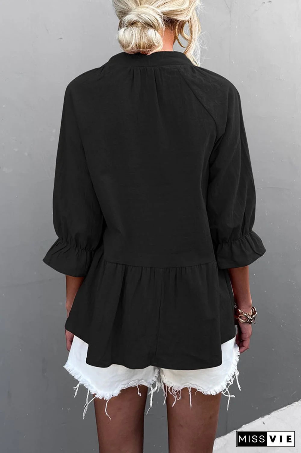 Casual Solid Flounce Fold V Neck Tops(5 Colors)