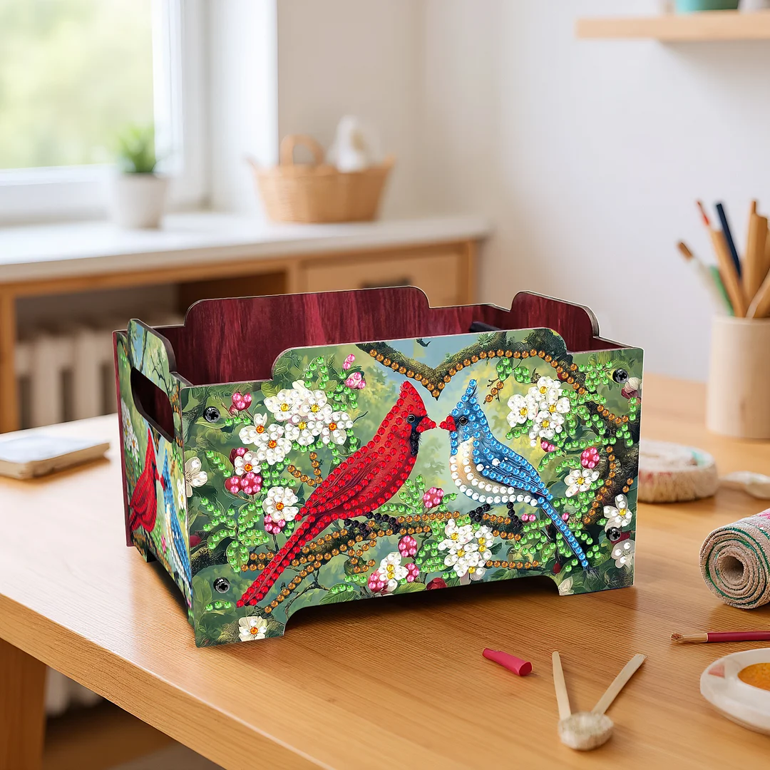 5D DIY Diamond Painting Decorative Storage Box Wood Storage Clutch (Cardinal)