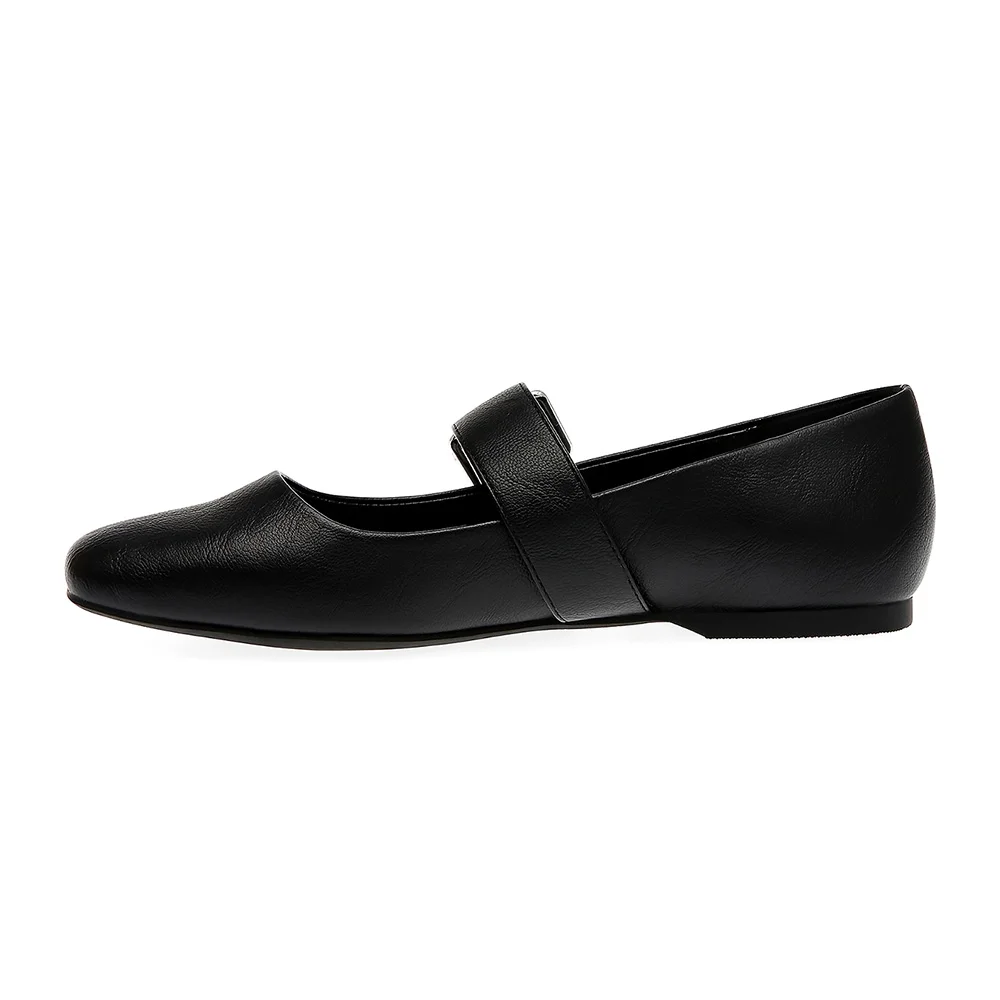 Black Vegan Leather Square Toe Flat Mary Jane Shoes for Women