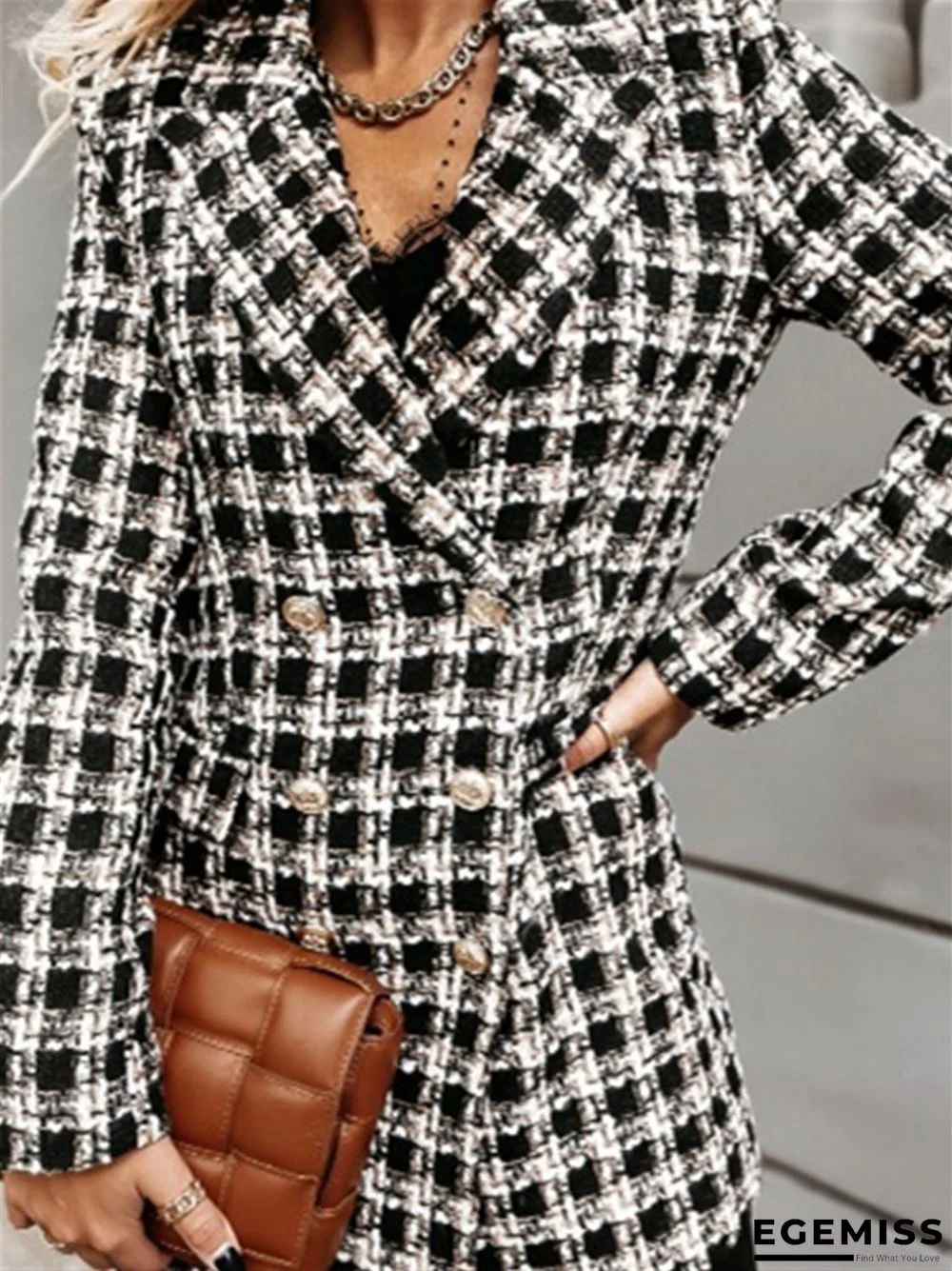 Plaid Suit Collar Double Row Button Woolen Coat | EGEMISS