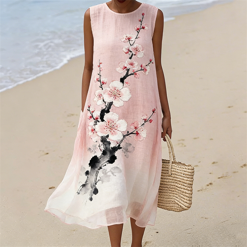 Cherry Blossom Brush Art Gradient Flowy Linen Tank Dress wearshes