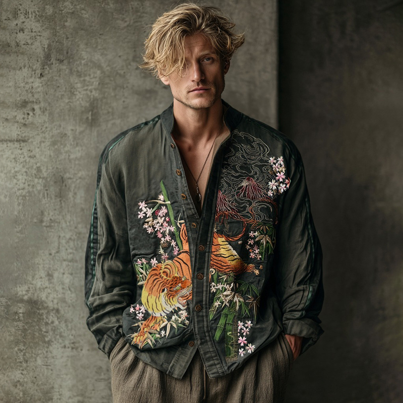Men's Ukiyo Tiger Cherry Blossom Print Japanese Art Cotton-linen Shirt  artssus