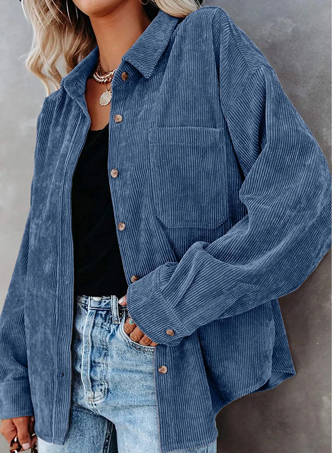 MIHOLL Women Corduroy Long Sleeve Button Down Collared Shirt Jacket Tops