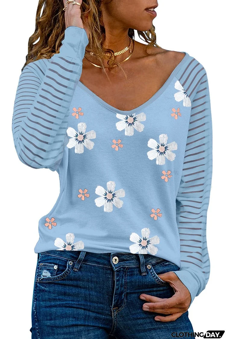 Daisy Print Mesh Patchwork Long Sleeve Top