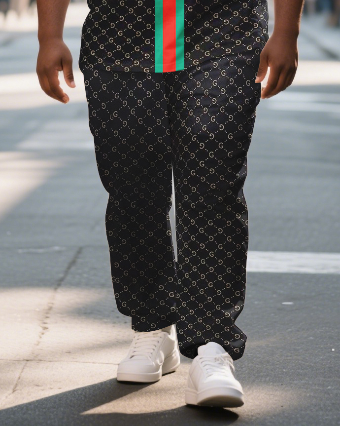 Big & Tall Men's Striped Letter Stitching T-Shirt Trousers Suit