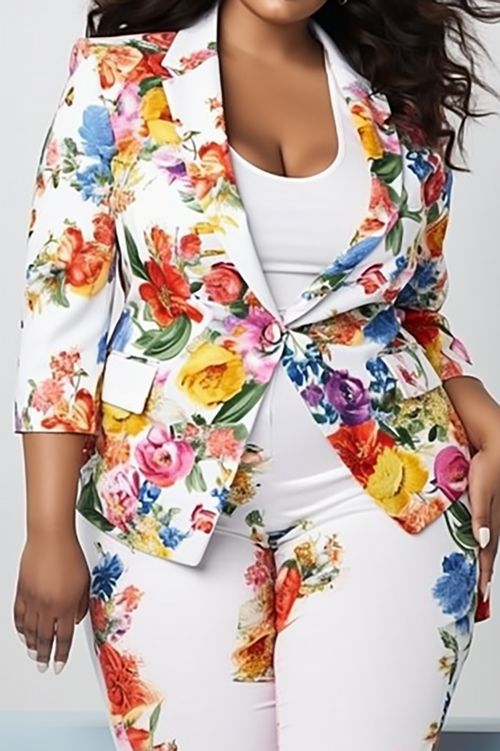 Design Plus Size Semi Formal Elegant White Floral Lapel Collar 3/4 Sleeve Button Knitted Two Piece Pant Sets [Pre-Order]