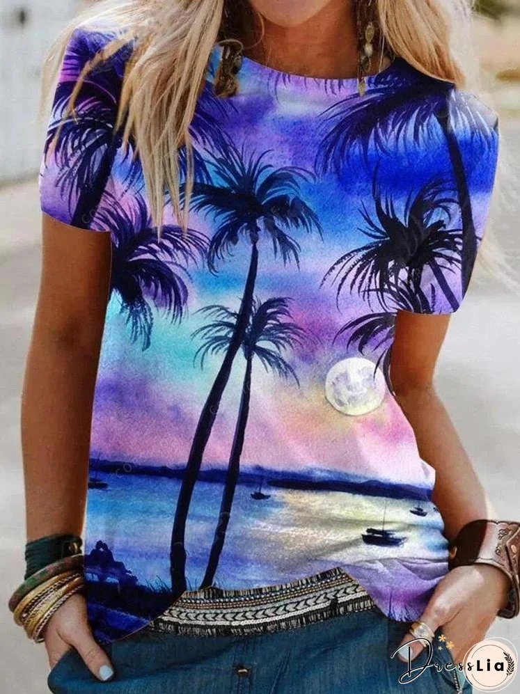 Tropical Landscape Print Round Neck T-shirt