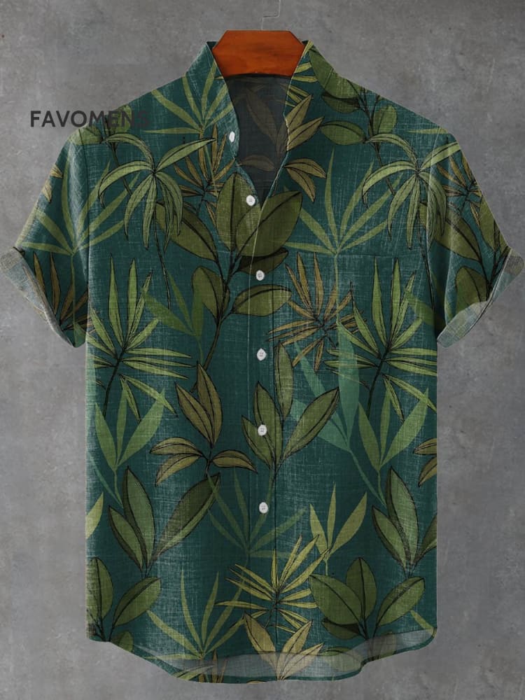 Dark Green Plant Leaves Art Print Casual 100% Cotton Shirt Multicolor / S