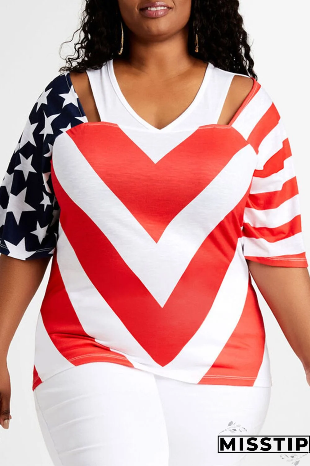 Multicolor Fashion Casual Print Hollowed Out Patchwork V Neck Plus Size Tops