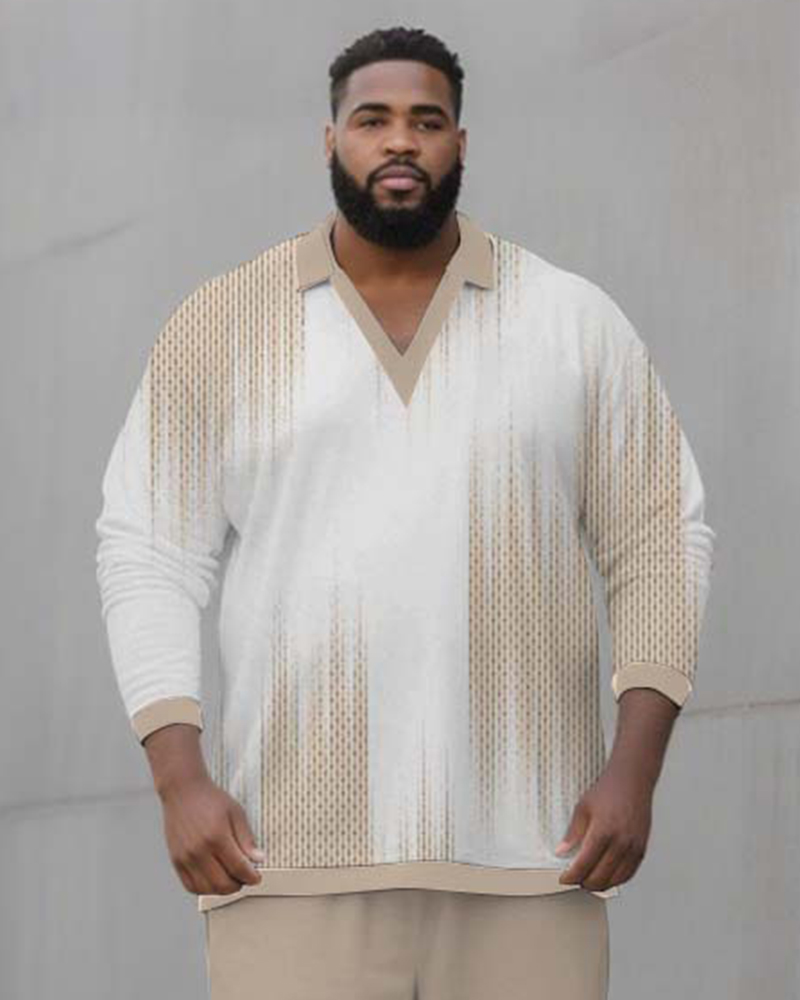 Big & Tall Men's Apricot Stripe Printed POLO V-Neck Long Sleeve Trousers Two-Piece Set