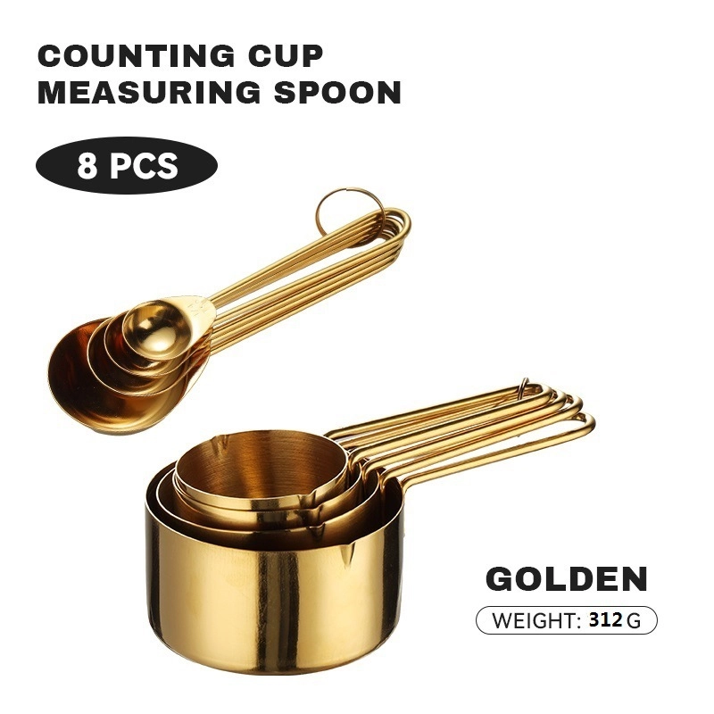 430 Stainless Steel Measuring Cup Measuring Spoon Suit 8-piece Rose Gold Wire Handle Measuring Spoon Measuring Cup 4-piece Set With Scale Gold