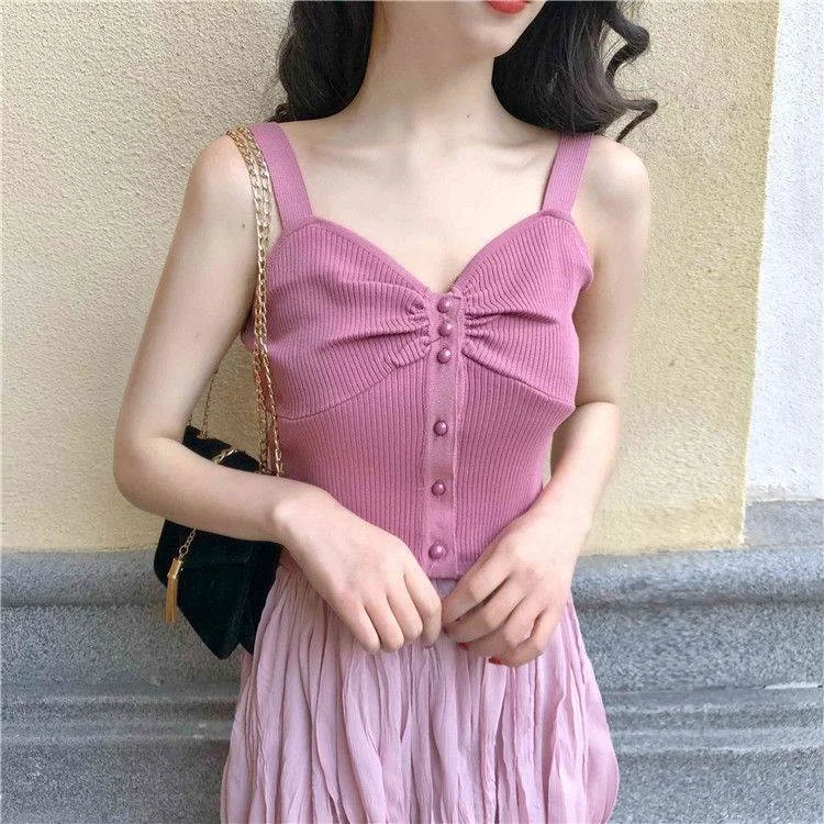 Uveng Uveng Short Sling Vest Female Hong Kong Flavor Retro Chic Korean Version Of Twisting Buckle Decorative Temperament Match Blouse Korean Tide