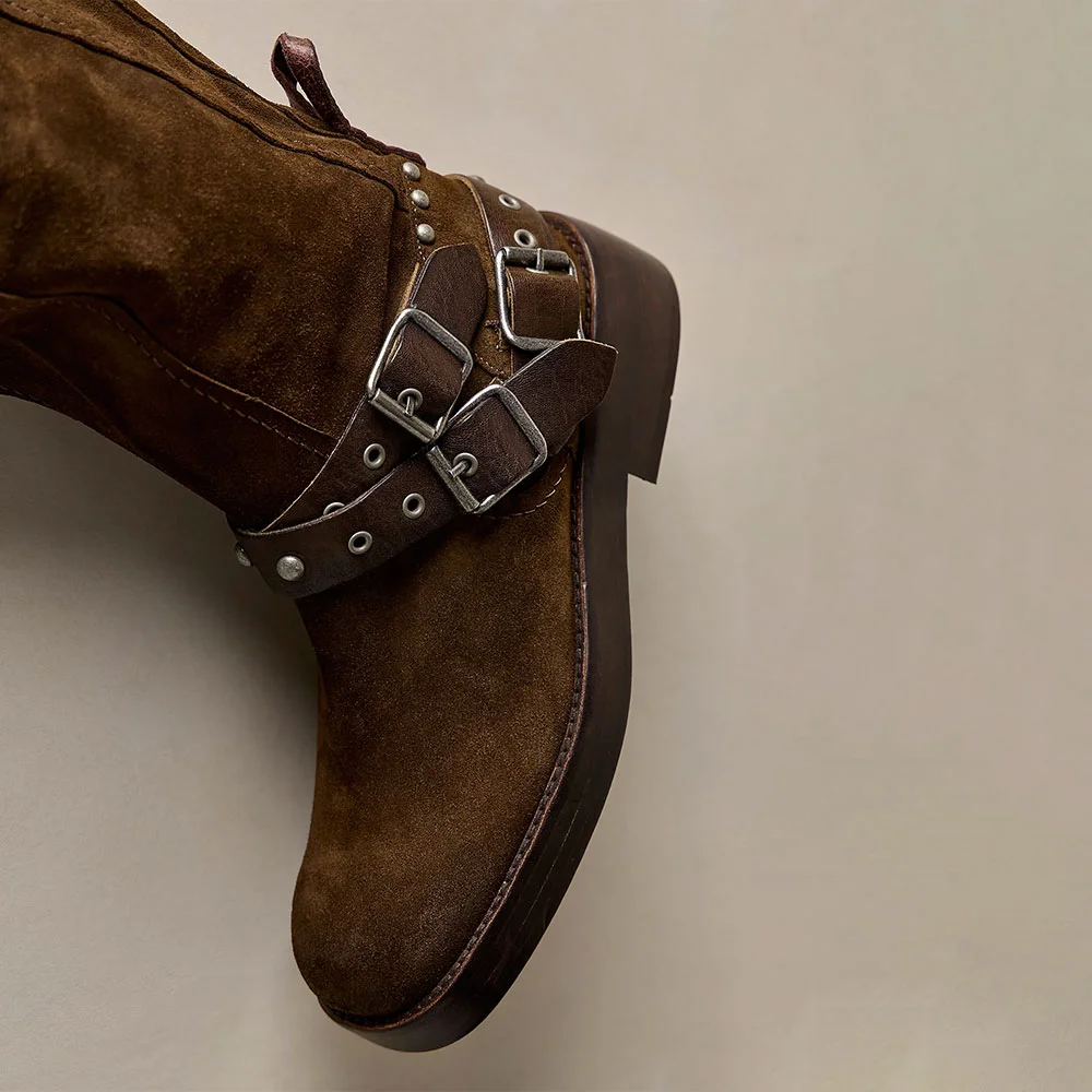 Olive Round Toe Mid Calf Buckle Strap Grommet Studded Heeled Boots