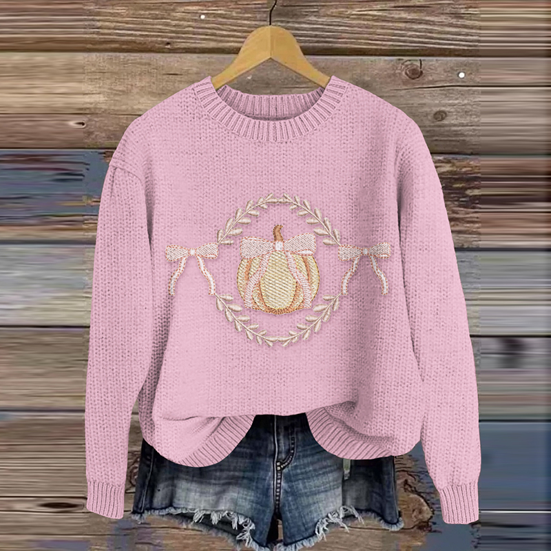 Vermicelli Pumpkin Embroidery Print Knitted Sweater
