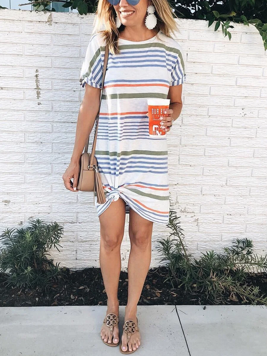 Round Neck Stripe Print Casual Dresses