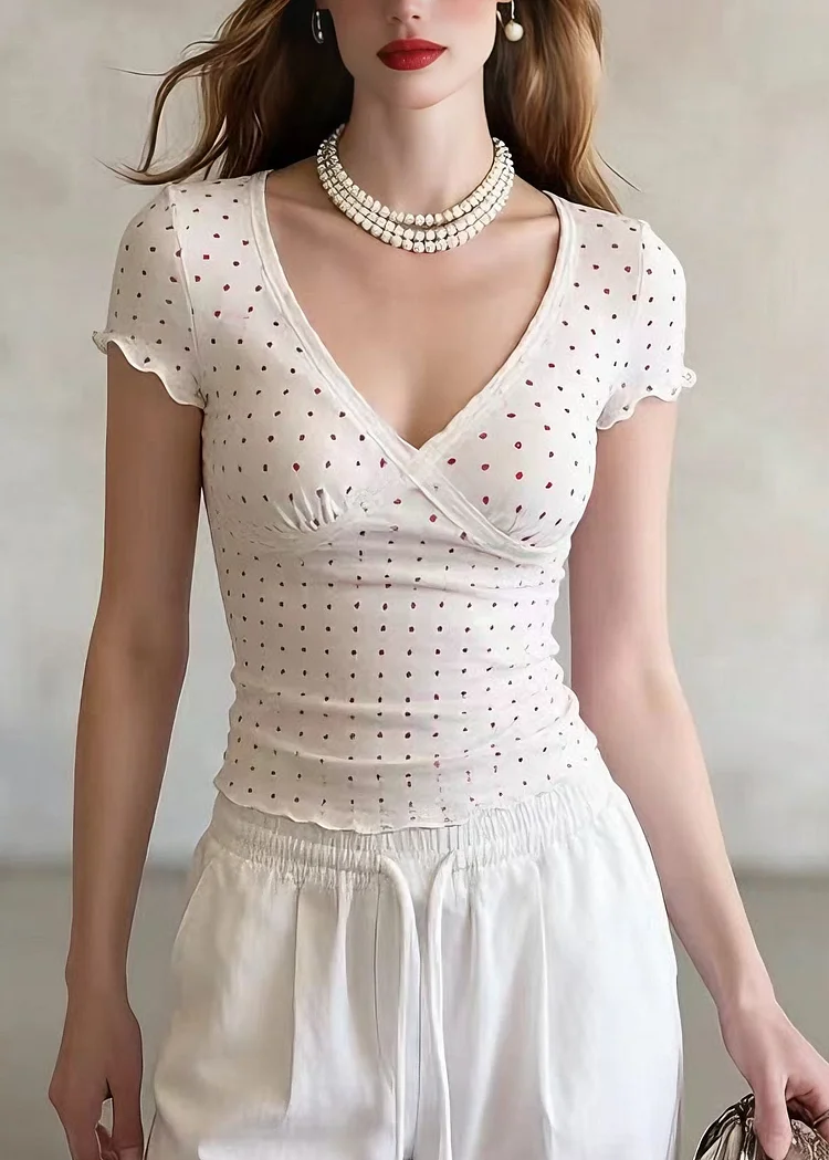 Cute Beige V Neck Print Lace Patchwork Cotton T Shirt Summer