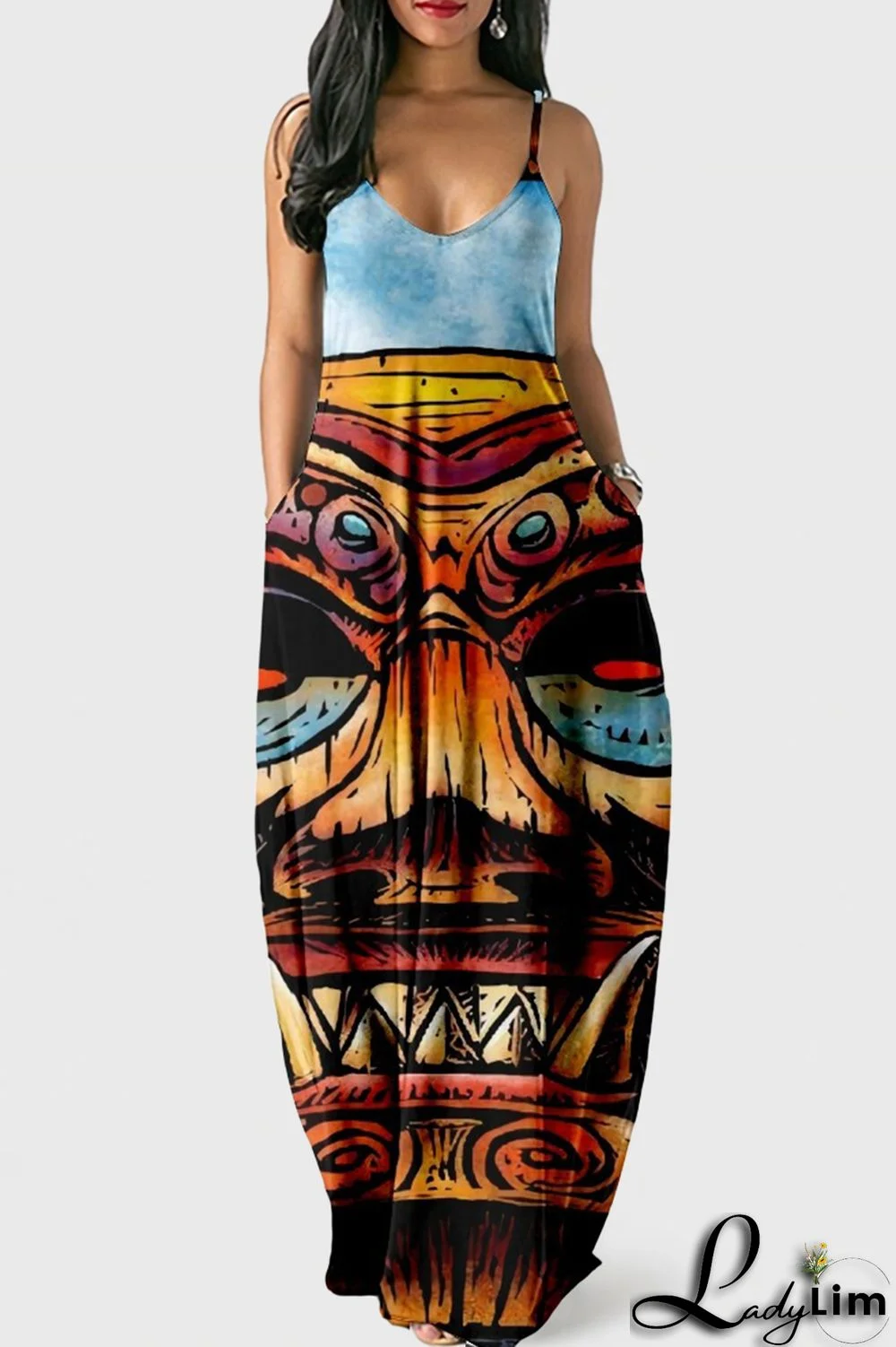 Blue Yellow Red Fashion Sexy Print Backless Spaghetti Strap Long Dress