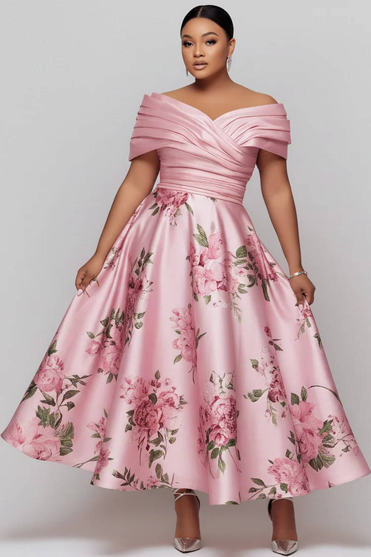 Xpluswear Design Plus Size Wedding Guest Pink Floral Wrap Neck Short Sleeve Pleated Pocket Satin Maxi Dresses [Pre-Order] 2024 - Xpluswear