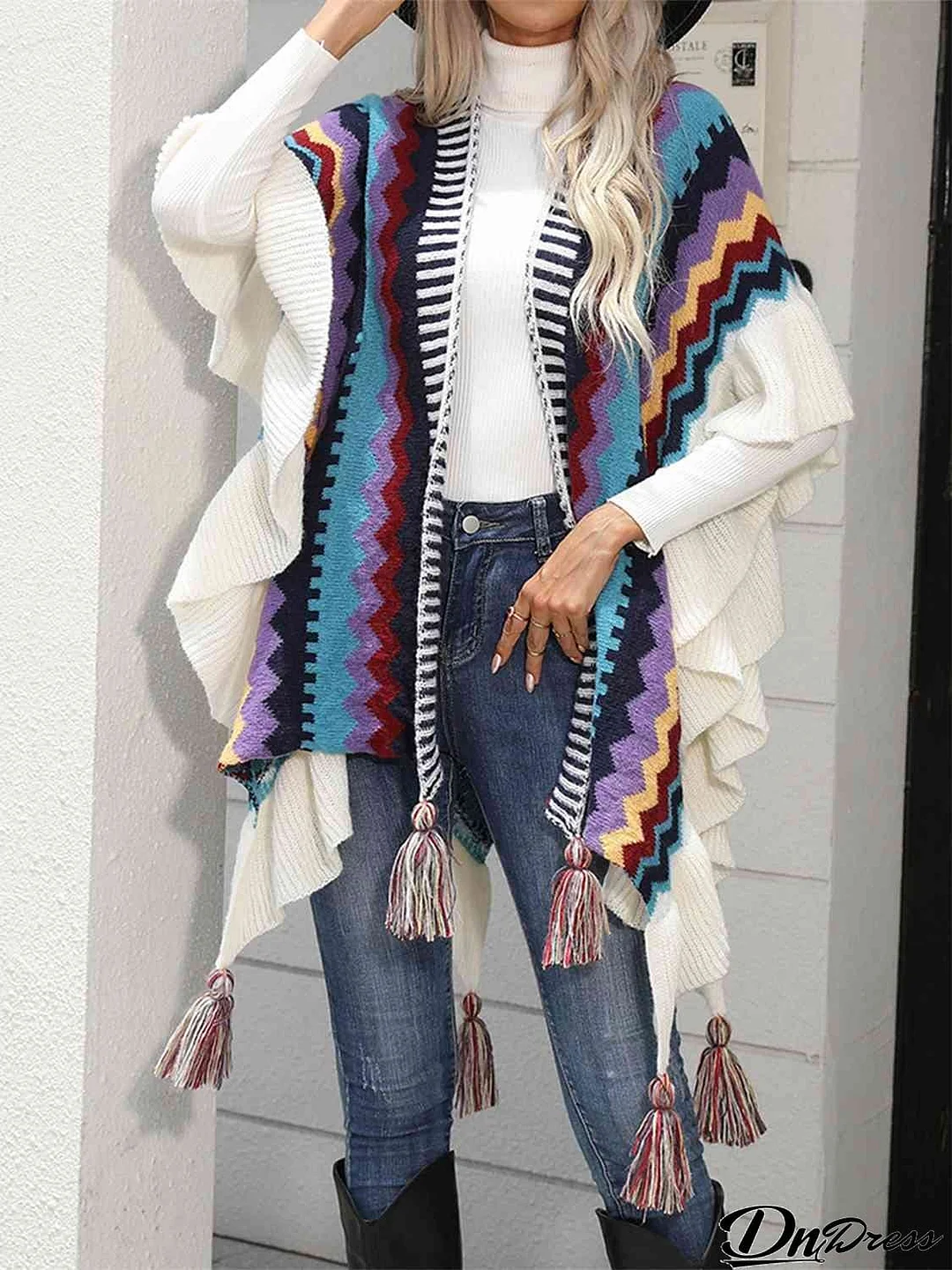Striped Open Front Poncho with Tassels