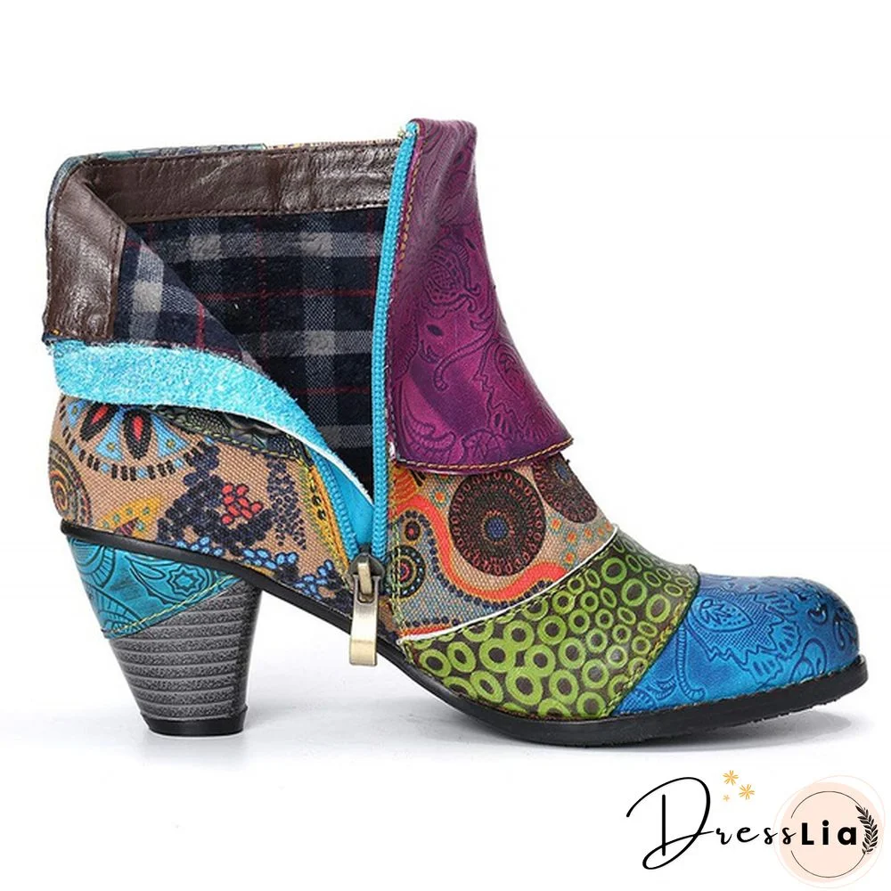 Ladies Fashion Round Toe Patent Leather High Thick Heel Stitching Casual Side Zipper Martin Boots