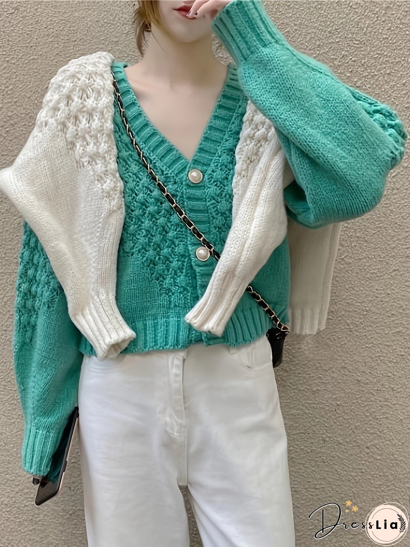 Button Front Knit Cardigan, Casual Solid V Neck Long Sleeve Sweater, Women's Clothing