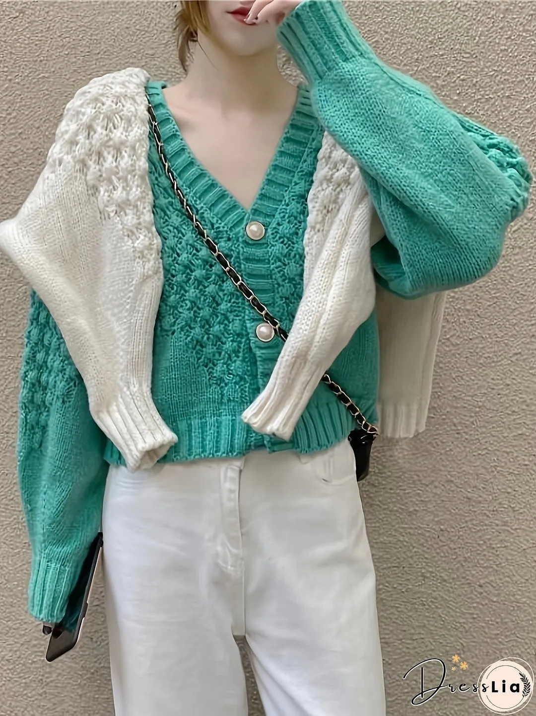 Button Front Knit Cardigan, Casual Solid V Neck Long Sleeve Sweater, Women's Clothing