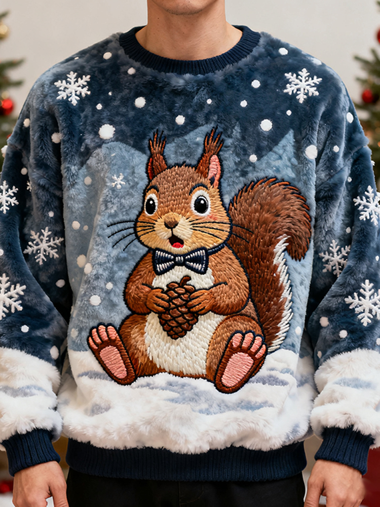 Squirrel Holding Pine Cones In A Flannel Crewneck Sweatshirt elevenforest