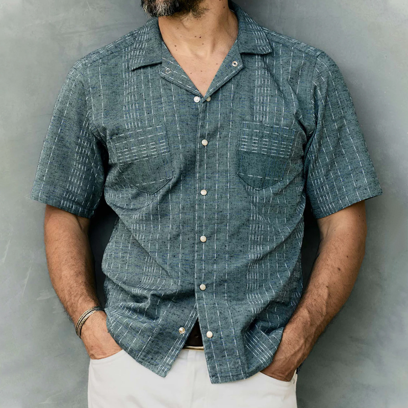 Men's Retro Printed Cotton and Linen Short Sleeve Shirt