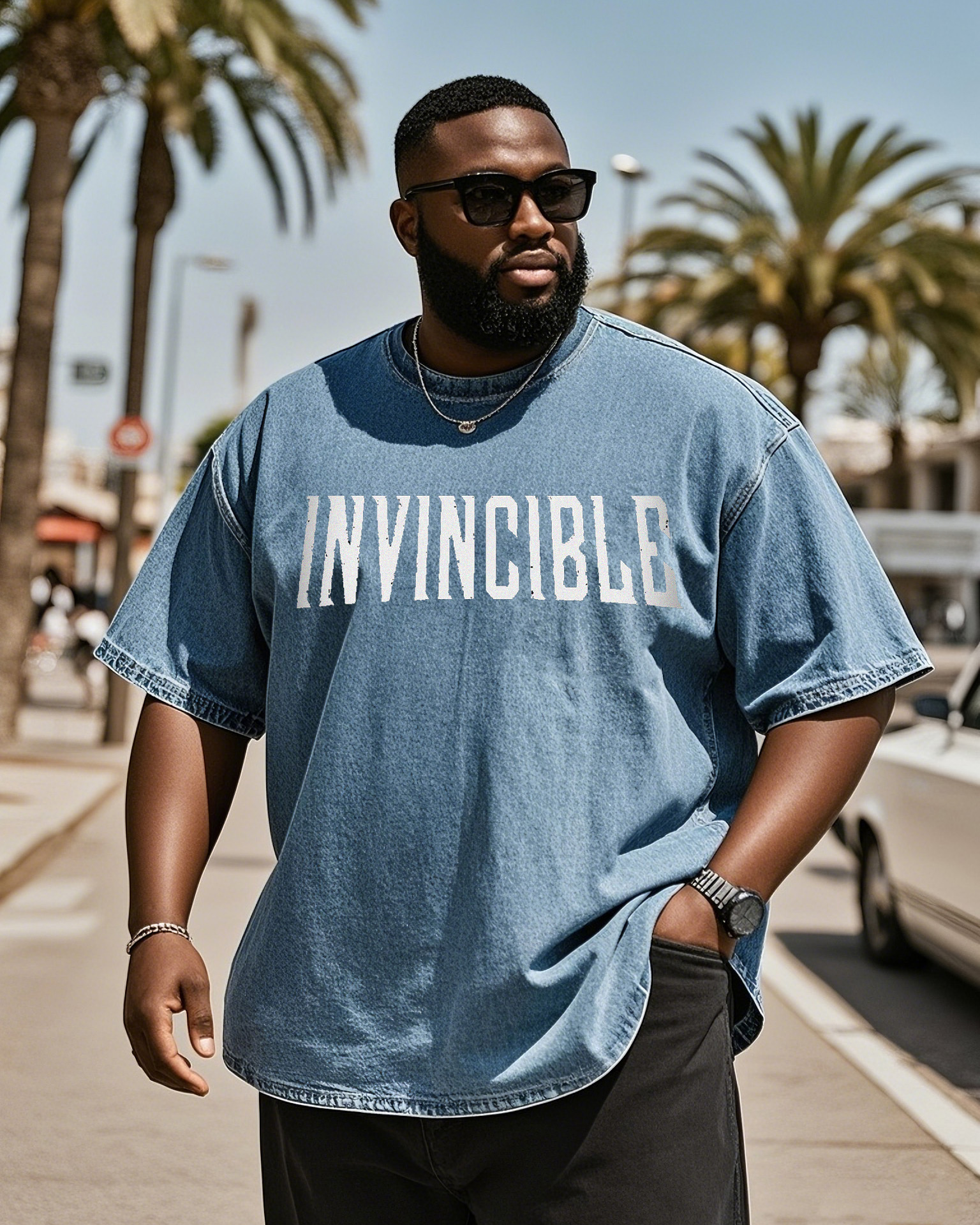 Plus Size Men's INVINCIBLE Series Graffiti Print Denim Short Sleeve T-Shirt