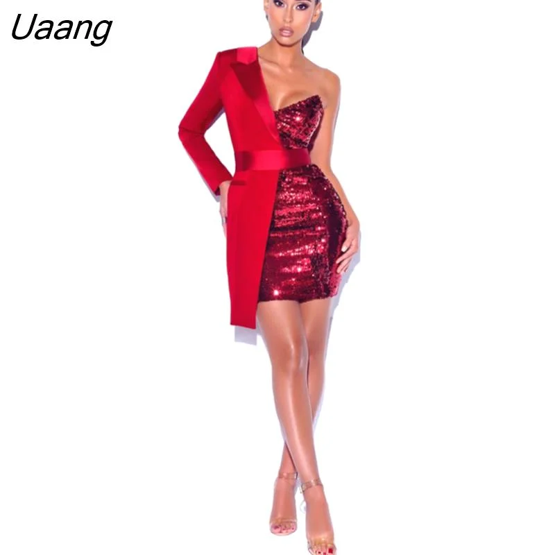 Uaang Quality Red Silver Night One Sleeved Sequin Crepe Tuxedo Blazer Dress Vesdioes