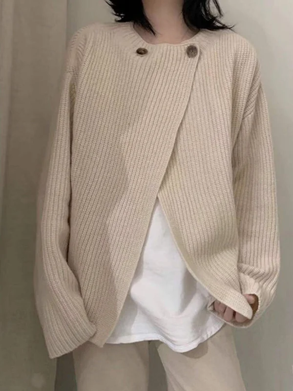 Simple Casual Buttoned Round-Neck Long Sleeves Cardigan Tops