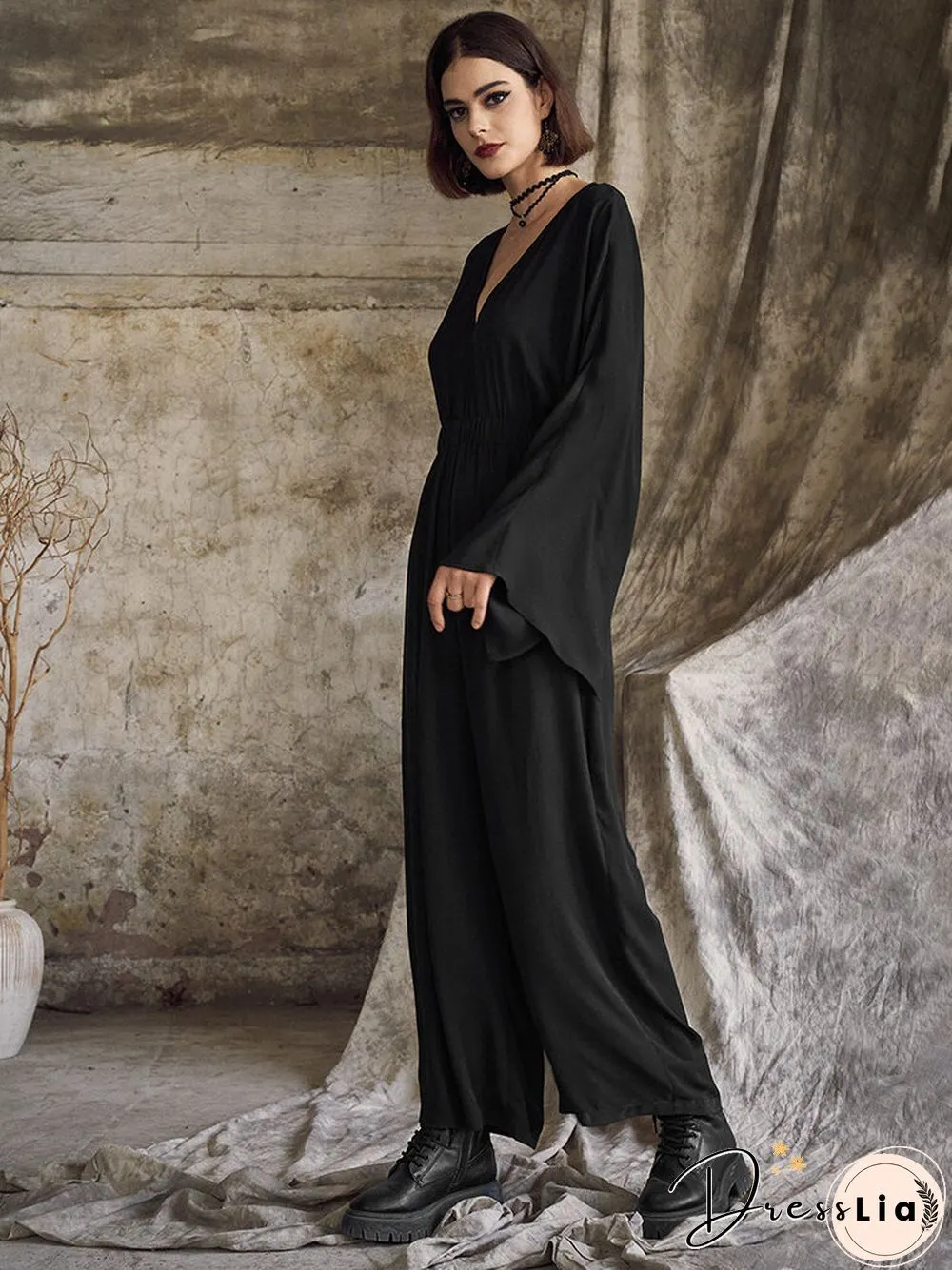 Solid Side Split Long Sleeve V-neck  Wide Leg Jumpsuit