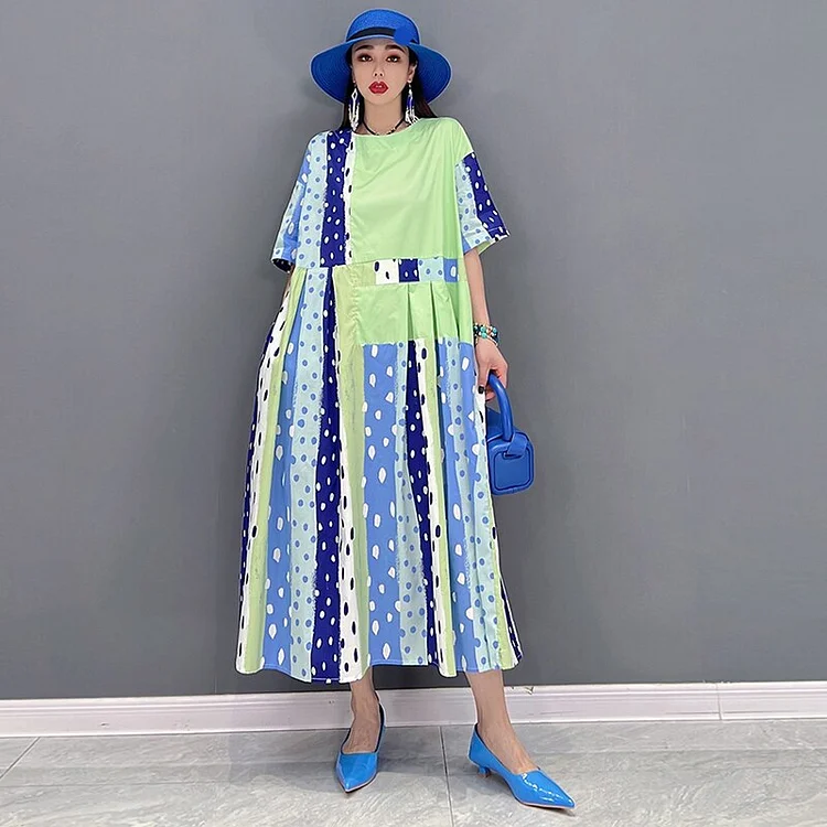 Fashion Loose O-neck Patchwork Print Short Sleeve Dress 