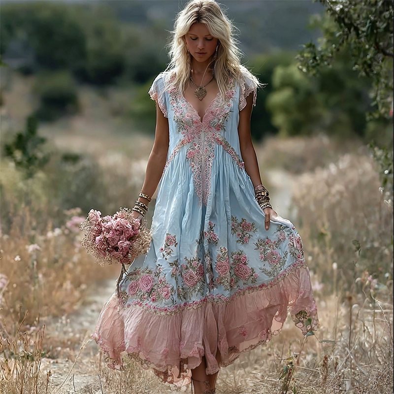 Boho Pink Floral Embroidered Lace Trim Flowy Linen Maxi Dress wearshes