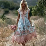 Boho Pink Floral Embroidered Lace Trim Flowy Linen Maxi Dress - Image 6