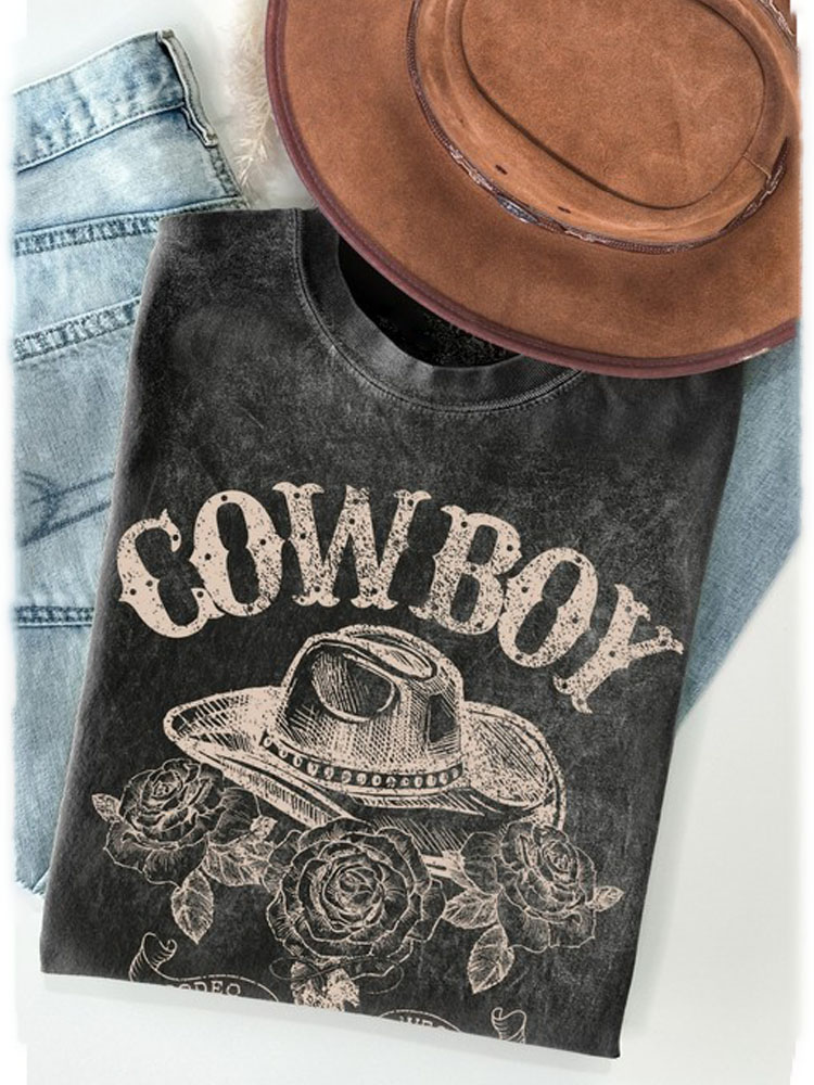 Comstylish Western Cowboy Hat Print Washed Cotton T-Shirt