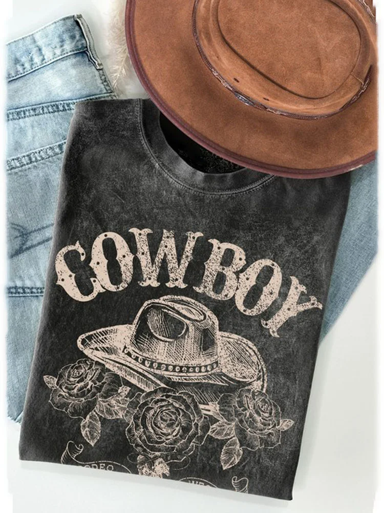 VChics Western Cowboy Hat Print Washed Cotton T-Shirt