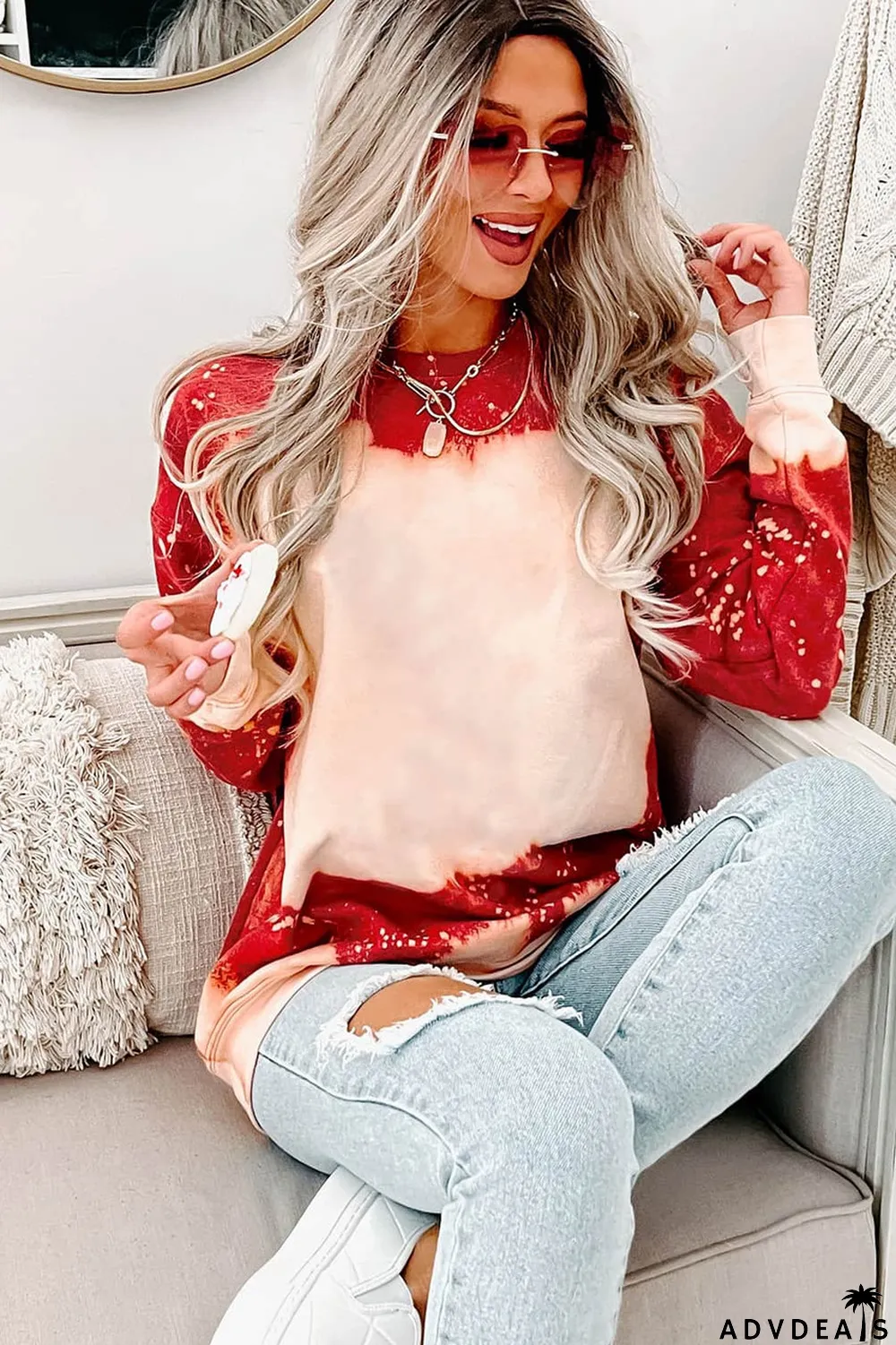 Racing Red Tie Dye Print Bleached Pullover Sweatshirt