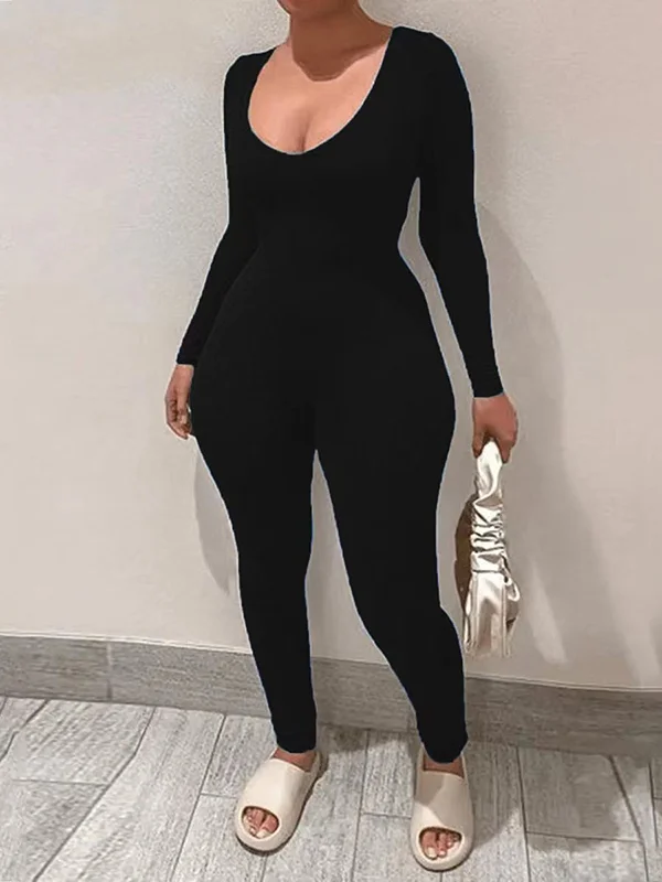 Solid Color High Waisted Long Sleeves Deep V-Neck Jumpsuits