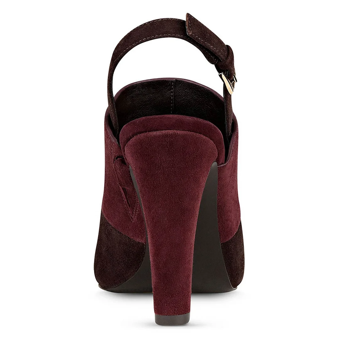 Claret Vegan Suede Peep Toe Chunky Heel Buckle Strap Slingback Heels