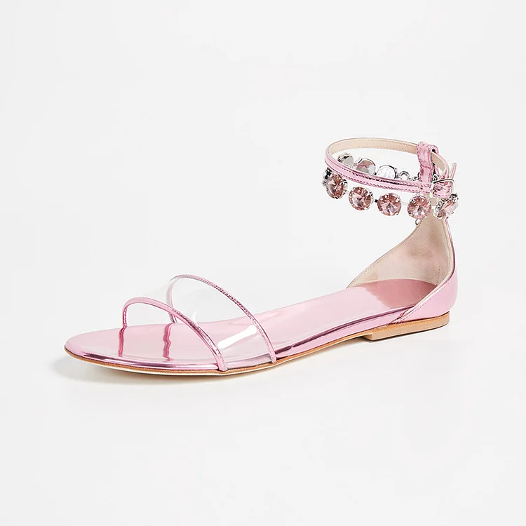 Pink Patent Leather transparent PVC Rhinestones Ankle Strap Flat Sandals |FSJ Shoes