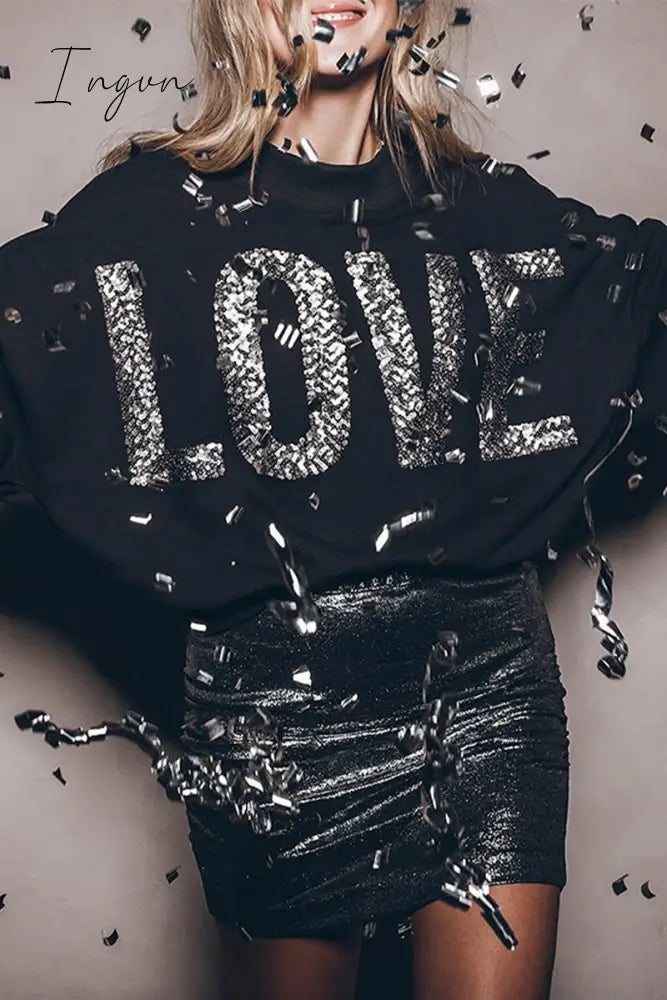 Ingvn - Casual Solid Sequins O Neck Tops Black / S Tops/Sweats & Hoodies